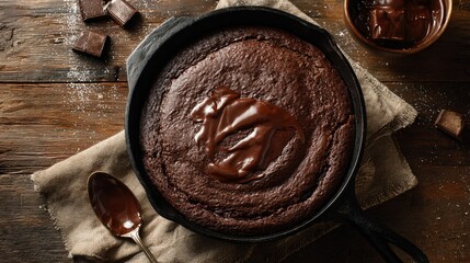 Overhead view of gooey chocolate dump cake in cast iron pan, rustic kitchen setting, warm tones