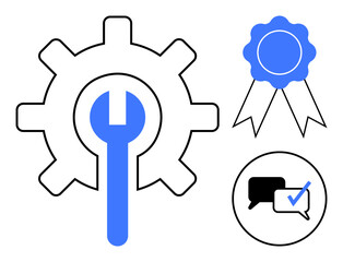 Mechanical gear with wrench, blue award ribbon, chat bubbles with checkmark. Ideal for teamwork, troubleshooting, innovation, achievement, communication feedback workflow. Simple flat metaphor