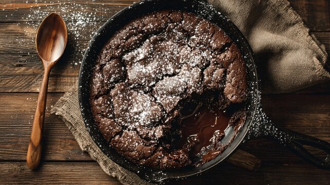 Overhead view of gooey chocolate dump cake in cast iron pan, rustic kitchen setting, warm tones