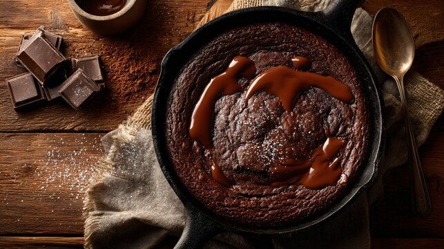 Overhead view of gooey chocolate dump cake in cast iron pan, rustic kitchen setting, warm tones - Powered by Adobe