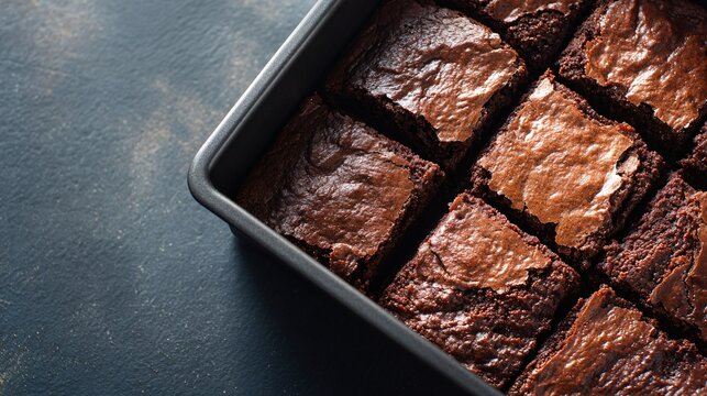 Top-down view of baking tray filled with rich fudge cake, kitchen counter scene, natural light
