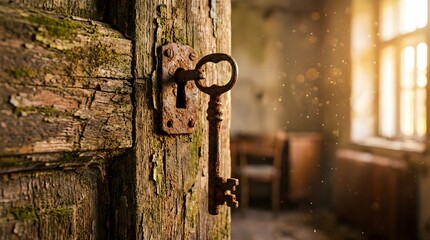 Antique rusty key in a keyhole of an old wooden door, unlocking a secret room filled with mysterious sunlight