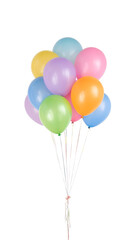 colorful pastel party balloons floating with thin ribbon attached, png, isolated on transparent background, perfect for design and marketing