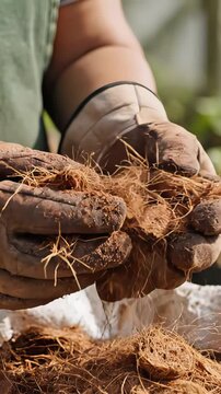 Close up of a farmer wearing gloves and holding coconut coir. Natural, sustainable, and organic growing medium for gardening