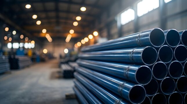 A close-up view of stacked steel pipes and metal tubes in a factory warehouse, with a blurred industrial background representing manufacturing - Powered by Adobe