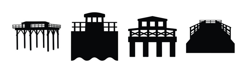 Coastal structures, piers, docks, and buildings silhouettes