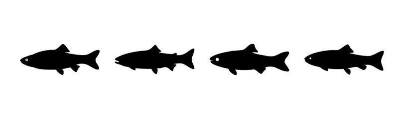 Four graphic fish silhouettes swimming in different directions