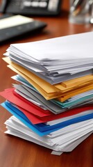 Colorful stack of office documents and records on a wooden desk in a busy workplace filled with professional supplies