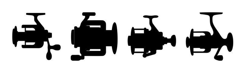 Set of four black silhouette fishing reels on white background