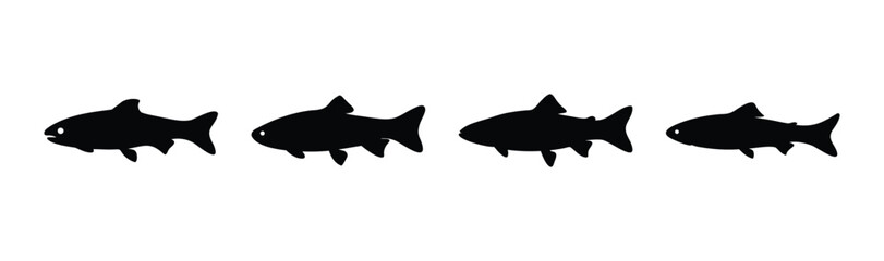 Four black fish silhouettes swimming in a row horizontally