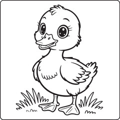 Obraz premium Playful Duckling Illustration: An adorable duckling, rendered in a charming line drawing, stands proudly in a field, exuding a playful vibe, ideal for coloring or graphic projects.