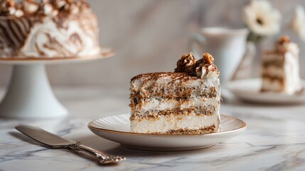 Big cake on marble background, silver cake knife nearby