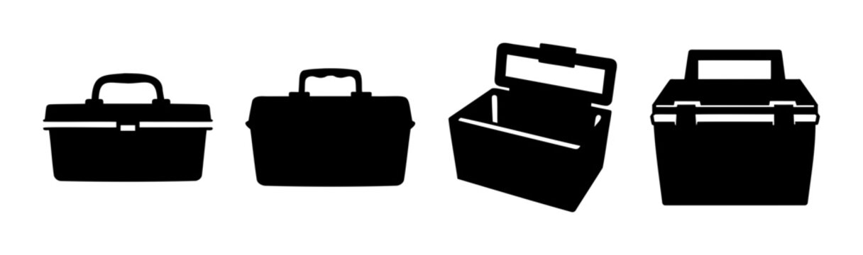 Set of diverse toolbox and storage container vector icons.