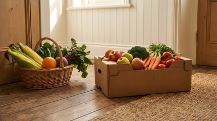 Fresh farm produce delivery box and wicker basket of healthy vegetables and fruits at a front door