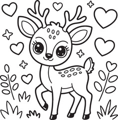 Adorable Deer Illustration: A charming, outlined illustration of a baby deer, showcasing a captivating combination of simple hearts and stars, embodying innocence and childlike wonder.