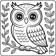 Cute cartoon illustration of a wise brown owl character with big eyes, sitting on a nature tree branch