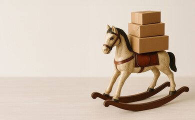 Christmas delivery concept with gift boxes on vintage rocking horse