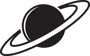 Stylized black and white line art of a planet with prominent rings resembling saturn s iconic celestial body
