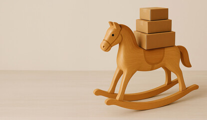 Christmas delivery concept with gift boxes on vintage rocking horse