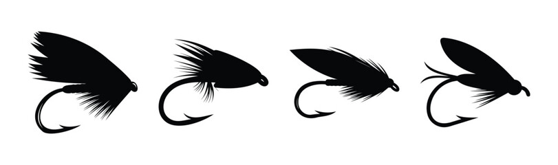 Fly fishing lures vector set, artificial angling insects