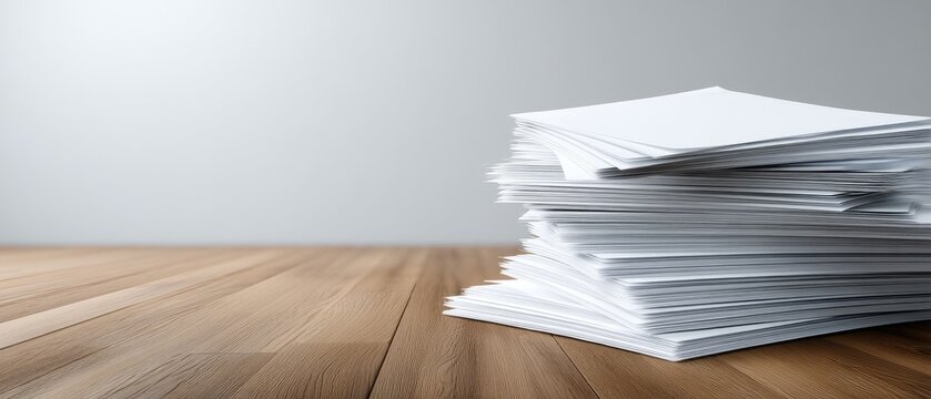Collection of organized documents and files stacked neatly on a wooden table against a simple white backdrop