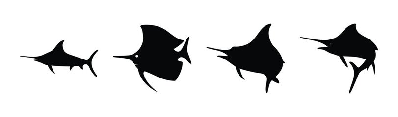 Marlin, swordfish, and sailfish silhouettes set, black icons