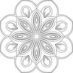 Intricate black and white floral mandala line art design with geometric patterns