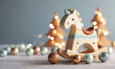 Wooden rocking horse with Christmas balls and glowing holiday trees