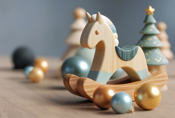 Wooden rocking horse with Christmas balls and holiday trees