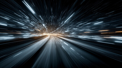 Abstract high-speed light tunnel motion blur effect with glowing blue and orange streaks