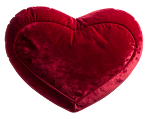 A soft-textured velvet heart pillow shown from a slight side-angle perspective, empha 