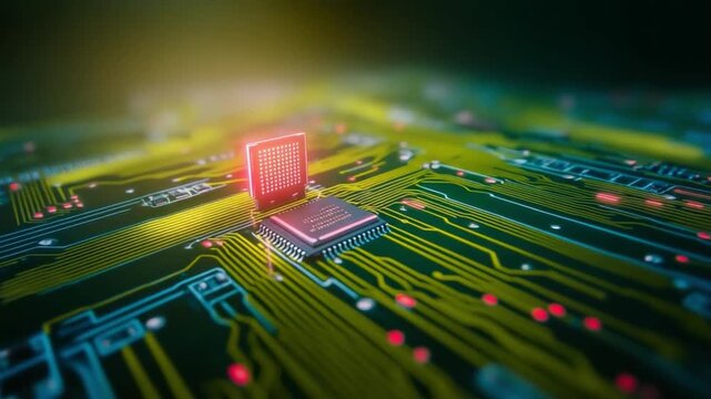 Circuitry's Core: An illuminated central processing unit (CPU) pulses with radiant energy amidst an intricate network of pathways, embodying the essence of modern technological advancements.