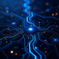 Obraz premium Futuristic Circuit Board Microchip Technology Background. Blue Glowing Digital Network Pattern.