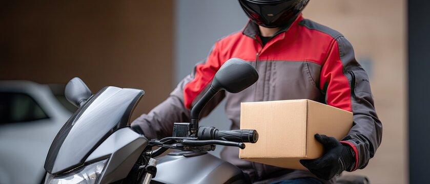 Close-up view of young delivery person holding package while riding motorcycle in urban setting during daylight hours