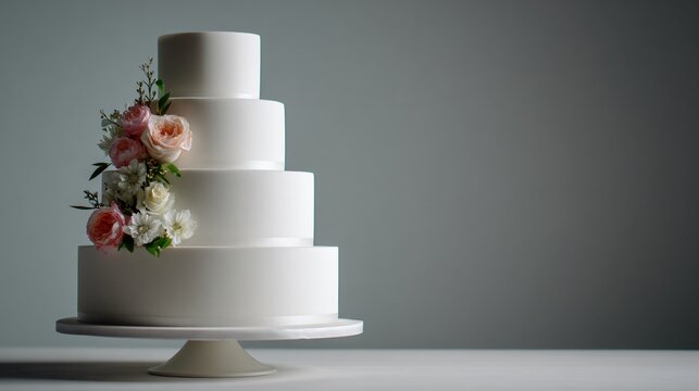 Modern minimalist wedding cake, plain white fondant, clean composition