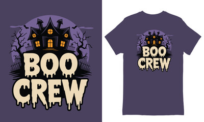 Spooky Boo Crew Halloween Design with Haunted House and T-shirt Mockup vector illustration