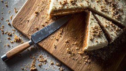 Overhead of partially sliced cake with crumbs and frosting knife, neutral scene