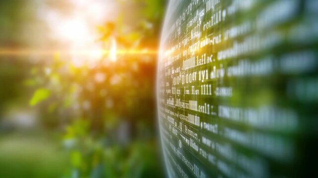 Code in Nature: A juxtaposition of technology and the natural world, a sphere overlaid with lines of code set against a blurred background of greenery and sunlight.