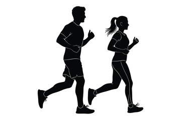 Silhouette of runners couple running together in black