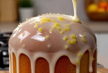 Closeup of a round cake being drizzled with white icing and lemon zest