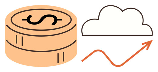 Stack of coins beside a cloud and upward arrow. Ideal for finance, technology, innovation, growth, investment, digital transformation, and progress. Simple flat metaphor