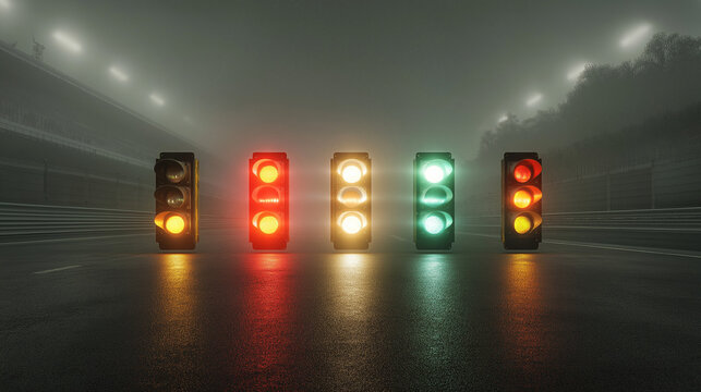 Row of traffic lights displaying yellow, red, and green signals on a wet race track