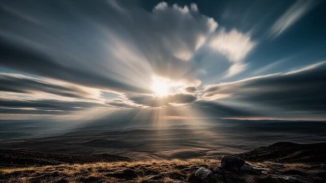 Time-lapse of dramatic sunbeams piercing through dynamic clouds across a vast landscape