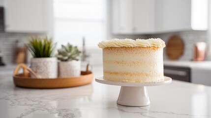 White cake in neutral kitchen, modern home aesthetic