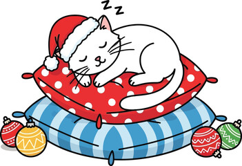 Cute white cat sleeping on pillows wearing santa hat christmas illustration