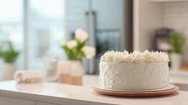 White cake in neutral kitchen, modern home aesthetic