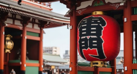 Red lantern hanging at temple gate during Lunar New Year celebration  
