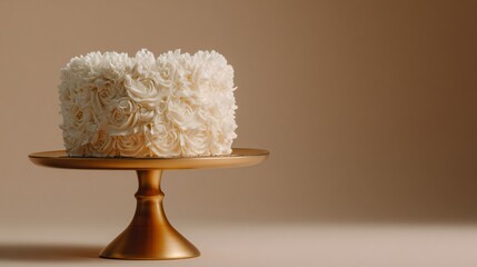 White cake on golden stand, editorial light, beige tone