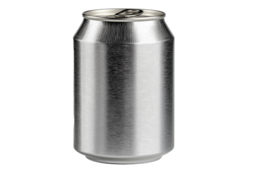 Aluminum beverage can with textured metallic surface, isolated on a white background