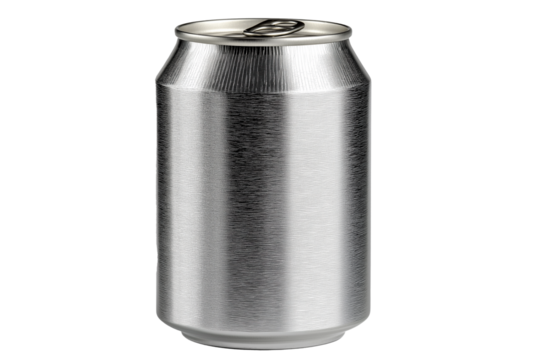 Aluminum beverage can with textured metallic surface, isolated on a white background